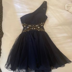 Navy Embroidered Blondie Homecoming Dress